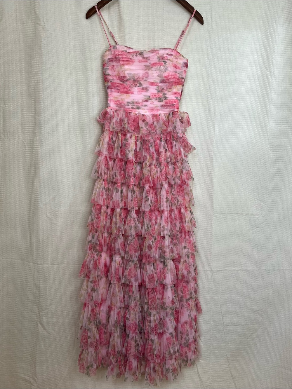 B. Darlin Pink Floral Tiered Ruffle Tulle Prom Gown - Size 3/4